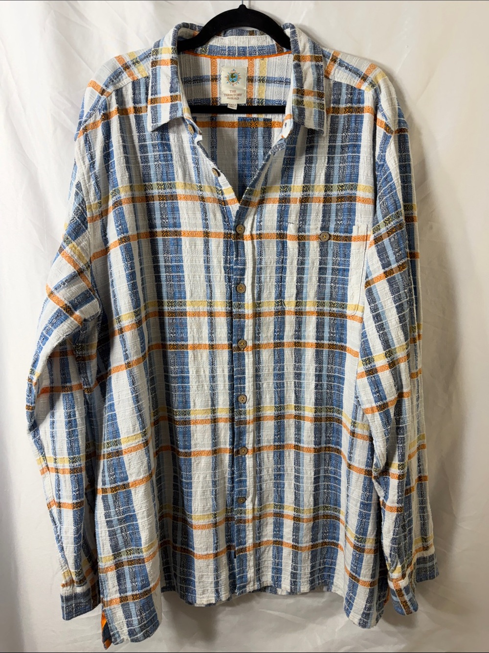 The Territory Ahead Plaid Shirt XXLT Tall Textured Slub Knit Blue Orange Casual